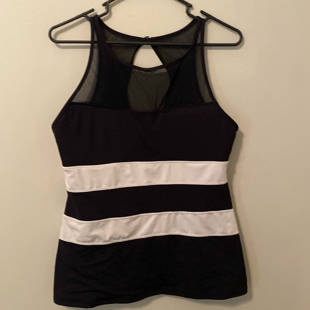Liz Claiborne Black and White Striped High-Neck Swim Top with Mesh [Size: XL]